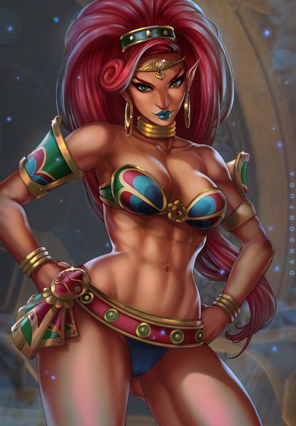 Anime picture 620x892 with the legend of zelda dandon fuga single long hair tall image looking at viewer breasts light erotic green eyes red hair lips pointy ears realistic bare belly lipstick eyebrows muscle blue lipstick girl navel