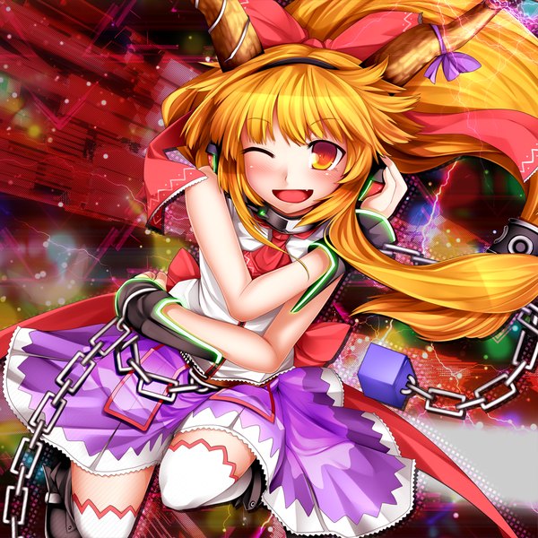 Anime picture 1000x1000 with touhou ibuki suika kazetto (kazetsuto) single long hair open mouth blonde hair red eyes one eye closed horn (horns) wink girl thighhighs skirt miniskirt white thighhighs headphones chain
