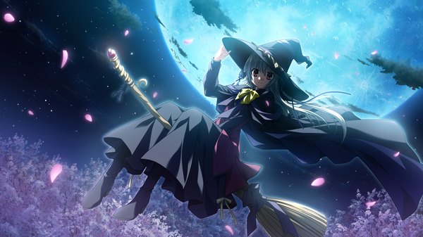 Anime picture 1280x720 with supipara kamishiro alice nanao naru long hair red eyes wide image game cg silver hair cloud (clouds) night cherry blossoms witch girl petals moon witch hat
