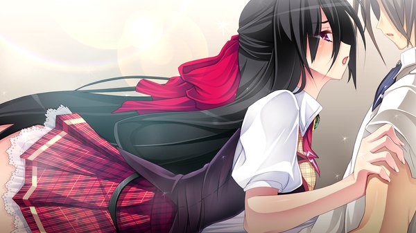 Anime picture 1024x576 with legend seven (game) long hair open mouth black hair red eyes wide image game cg girl uniform school uniform