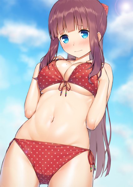 Anime picture 717x1012 with new game! doga kobo takimoto hifumi mikazuchi zeus single long hair tall image looking at viewer blush fringe breasts blue eyes light erotic large breasts standing bare shoulders payot cleavage purple hair cloud (clouds)