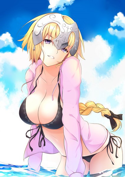 Anime picture 1357x1920 with fate (series) fate/apocrypha jeanne d'arc (fate) (all) jeanne d'arc (fate) guanghe zuoyong de de yezi single long hair tall image looking at viewer blush breasts light erotic blonde hair large breasts purple eyes sky cleavage cloud (clouds) braid (braids) open jacket