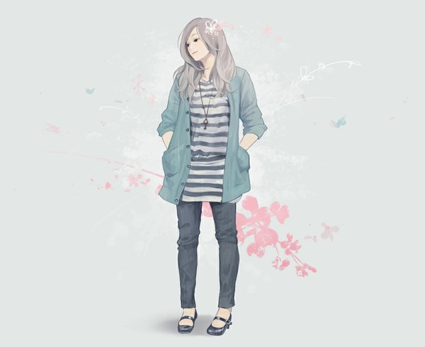 Anime picture 850x696 with original suda ayaka single long hair blonde hair standing holding looking away light smile black eyes open clothes open jacket hands in pockets twisty sleeves girl shoes jacket pendant pants