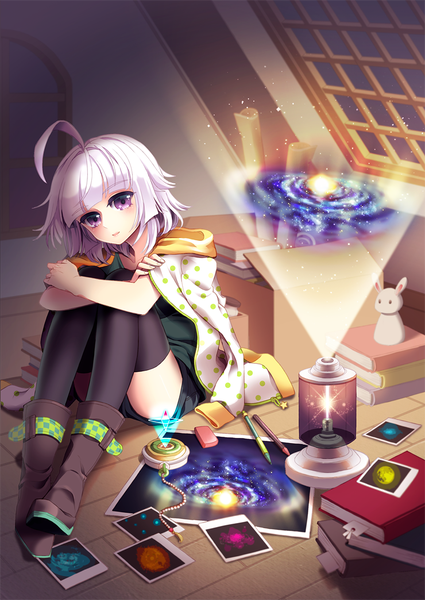 Anime picture 740x1044 with saban single tall image short hair sitting purple eyes ahoge white hair girl thighhighs black thighhighs shorts boots book (books) lamp photo (object)
