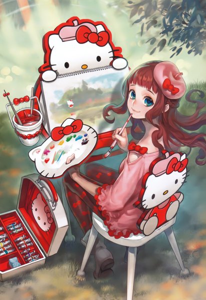 Anime picture 3029x4407 with hello kitty sanrio midori foo tall image highres blue eyes smile sitting absurdres red hair looking back painting girl bow hat chair paintbrush art brush