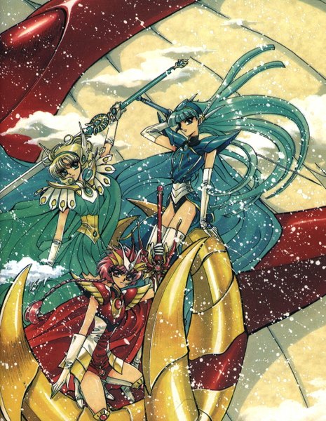 Anime picture 1041x1342 with magic knight rayearth clamp ryuuzaki umi shidou hikaru hououji fuu long hair tall image short hair blue eyes blonde hair red eyes green eyes blue hair pink hair braid (braids) group girl sword wings armor