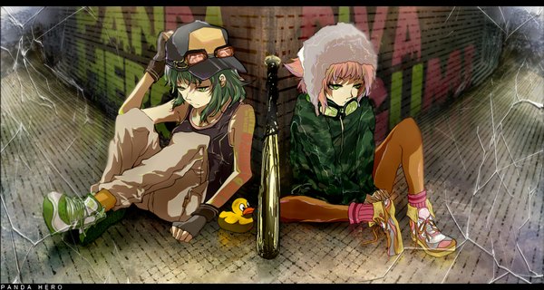 Anime picture 1717x916 with vocaloid panda hero (vocaloid) gumi itou (artist) highres short hair wide image sitting bare shoulders green eyes pink hair green hair letterboxed dual persona graffiti girl boots fingerless gloves goggles flat cap