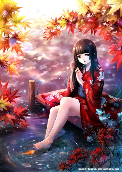 Anime picture 877x1240 with hell girl studio deen enma ai kazeo-yuurin single long hair tall image open mouth red eyes brown hair traditional clothes japanese clothes sunlight legs floral print girl flower (flowers) water belt kimono