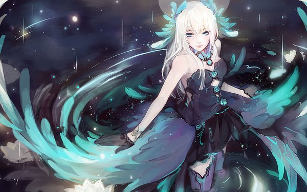 Anime picture 1024x640 with original kaytseki single long hair fringe blonde hair standing bare shoulders payot looking away cleavage outdoors pleated skirt arm up aqua eyes from above lips night midriff zettai ryouiki