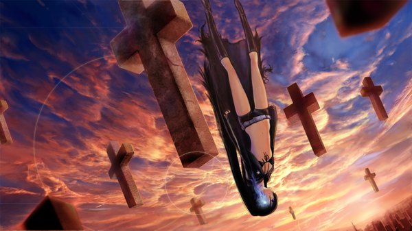 Anime picture 1920x1080 with black rock shooter black rock shooter (character) yuuhi (at-speakeasy) single long hair highres blue eyes black hair wide image cloud (clouds) glowing evening sunset glowing eye (eyes) girl navel shorts boots cloak cross