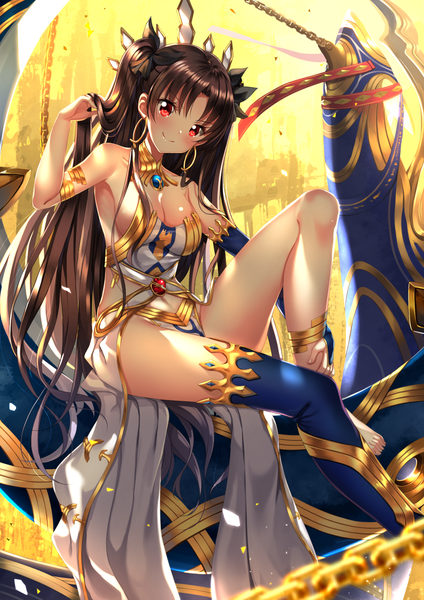 Anime picture 1102x1560 with fate (series) fate/grand order ishtar (fate) swordsouls single long hair tall image looking at viewer blush fringe breasts light erotic smile red eyes brown hair sitting bent knee (knees) head tilt barefoot arm up