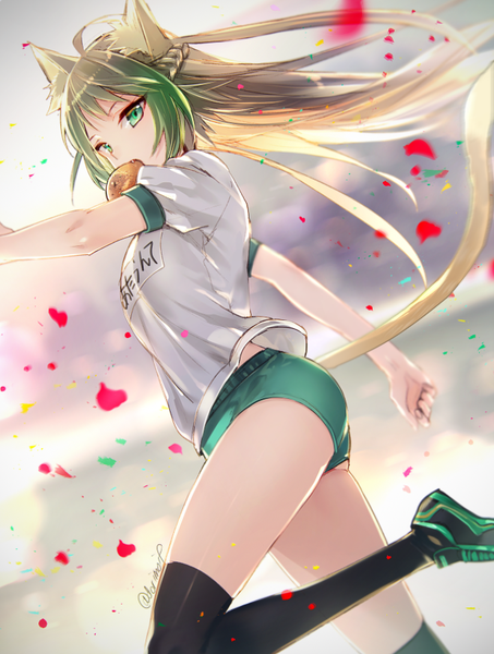 Anime picture 680x900 with fate (series) fate/grand order atalanta (fate) miyuki ruria single long hair tall image looking at viewer blush fringe light erotic blonde hair green eyes signed animal ears payot ahoge tail braid (braids) animal tail