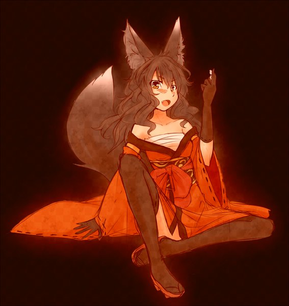 Anime picture 946x1000 with original kuromiya single long hair tall image looking at viewer blush fringe open mouth light erotic simple background hair between eyes sitting brown eyes animal ears full body bent knee (knees) tail traditional clothes head tilt