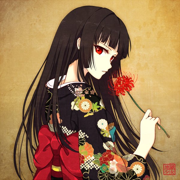 Anime picture 1109x1109 with hell girl studio deen enma ai rin yuu single long hair looking at viewer black hair red eyes traditional clothes japanese clothes floral print girl flower (flowers) kimono higanbana