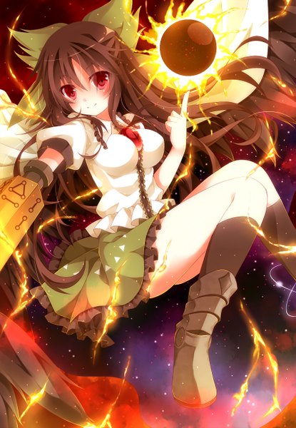 Anime picture 900x1300 with touhou reiuji utsuho mog (artist) single long hair tall image looking at viewer blush black hair smile red eyes arm cannon girl dress bow weapon hair bow wings socks black socks