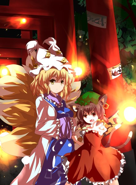 Anime picture 2169x2953 with touhou yakumo ran chen nunua (artist) tall image highres short hair open mouth black hair blonde hair red eyes multiple girls animal ears yellow eyes animal tail cat ears cat tail fox ears fox tail girl