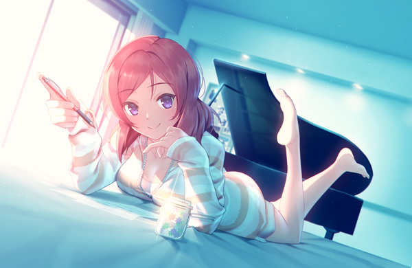 Anime picture 1042x679 with love live! school idol project sunrise (studio) love live! nishikino maki nagareboshi single looking at viewer blush short hair breasts smile purple eyes full body red hair lying head tilt barefoot on stomach leg lift (legs lift) girl