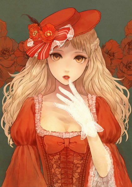 Anime picture 2480x3507 with original red flowers romiy single long hair tall image looking at viewer fringe highres breasts simple background blonde hair brown eyes cleavage upper body braid (braids) parted lips lips wide sleeves puffy sleeves