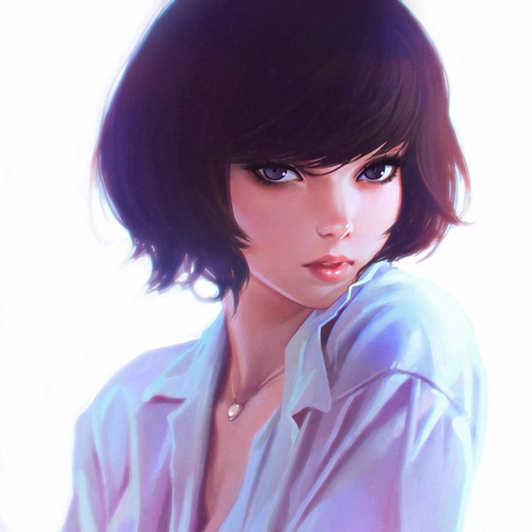 Anime picture 1242x1242 with ilya kuvshinov single looking at viewer short hair simple background brown hair white background parted lips head tilt lips open clothes grey eyes open shirt eyeshadow revision girl shirt white shirt pendant