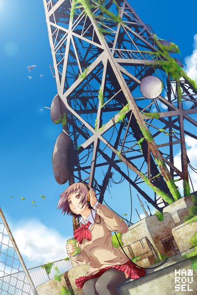 Anime picture 1000x1500 with original harousel single tall image short hair red eyes sky cloud (clouds) wind plaid skirt girl thighhighs black thighhighs animal headphones bird (birds) leaf (leaves) vest