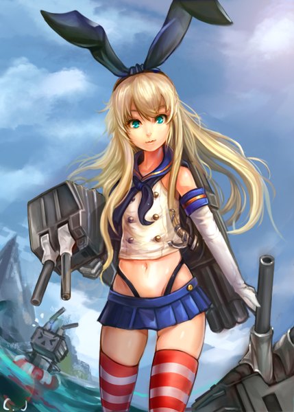 Anime picture 904x1264 with kantai collection shimakaze destroyer rensouhou-chan cj man single long hair tall image looking at viewer blue eyes light erotic blonde hair sky cloud (clouds) girl thighhighs skirt gloves navel bow weapon