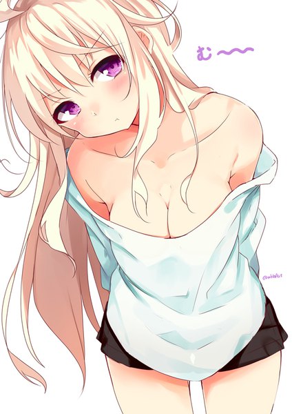 Anime picture 636x900 with sachiiro hanamizuki mizuki sasahara sasahara wakaba single long hair tall image looking at viewer blush fringe breasts light erotic blonde hair simple background hair between eyes standing white background purple eyes bare shoulders signed head tilt