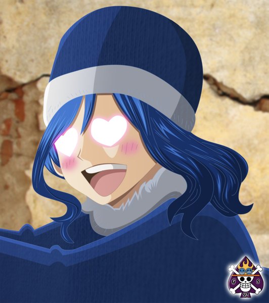 Anime picture 1295x1460 with fairy tail juvia lockser seireiart single long hair tall image blush open mouth smile blue hair pink eyes coloring girl heart fur cap