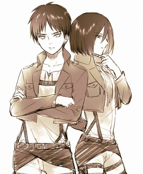 Anime picture 1000x1215 with shingeki no kyojin production i.g mikasa ackerman eren yaeger yasai (getsu) tall image looking at viewer short hair black hair simple background brown hair white background light smile black eyes crossed arms sketch girl boy scarf