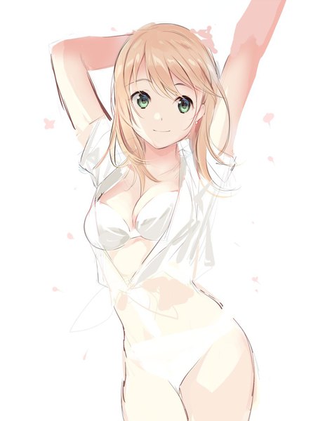 Anime picture 800x1058 with katawa shoujo ibarazaki emi weee (raemz) single long hair tall image fringe breasts light erotic simple background blonde hair standing white background green eyes looking away arm up light smile arm behind head front-tie top girl