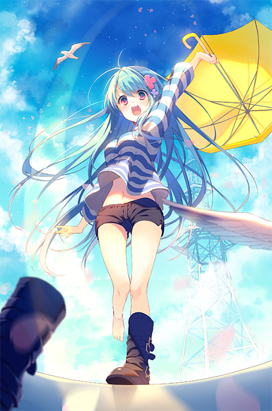 Anime picture 596x900 with akihabara denpatou penne (akihabara denpatou) reia single tall image blush open mouth standing blue hair looking away sky cloud (clouds) ahoge bent knee (knees) very long hair from below cherry blossoms standing on one leg happy striped