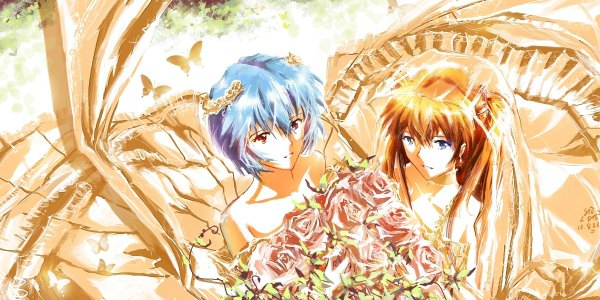 Anime picture 1200x600 with neon genesis evangelion gainax soryu asuka langley ayanami rei stu dts long hair short hair blue eyes red eyes wide image bare shoulders multiple girls blue hair orange hair girl dress 2 girls rose (roses) insect butterfly