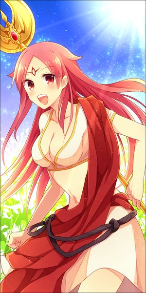 Anime picture 600x1200 with magi the labyrinth of magic a-1 pictures sheba (magi) single long hair tall image looking at viewer blush breasts open mouth red eyes standing holding cleavage red hair sunlight teeth bare belly facial mark happy