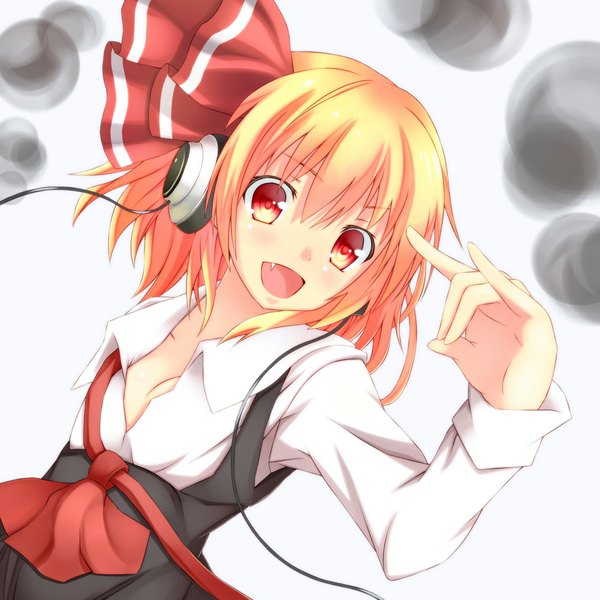 Anime picture 1000x1000 with touhou rumia gennsuikyou single looking at viewer short hair open mouth light erotic blonde hair red eyes girl dress headphones