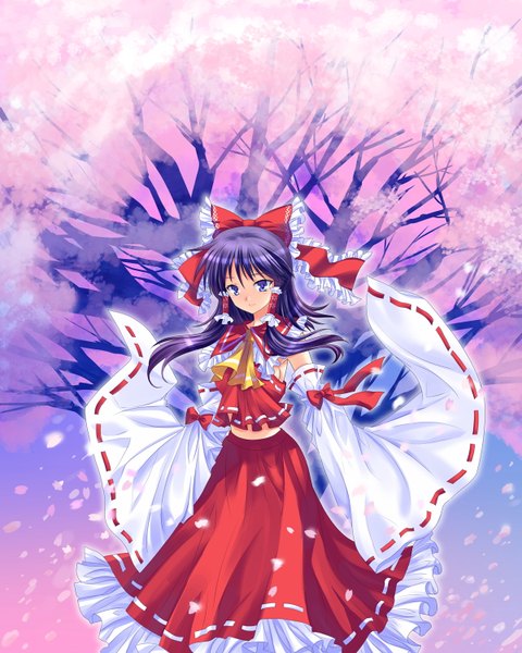 Anime picture 1200x1498 with touhou hakurei reimu pico (picollector79) single long hair tall image blue eyes black hair miko girl skirt bow plant (plants) hair bow detached sleeves petals tree (trees) skirt set