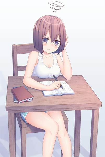 Anime picture 804x1200 with original kawami nami single tall image blush fringe short hair breasts light erotic simple background hair between eyes brown hair sitting purple eyes looking away cleavage bent knee (knees) shadow hand on head wavy mouth