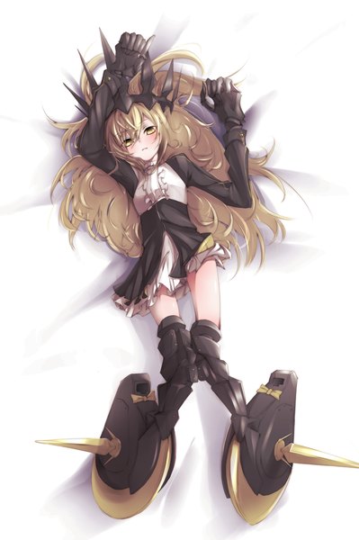 Anime picture 1663x2500 with black rock shooter chariot (black rock shooter) takka (aegis9294) single long hair tall image simple background blonde hair white background yellow eyes lying mechanical parts girl