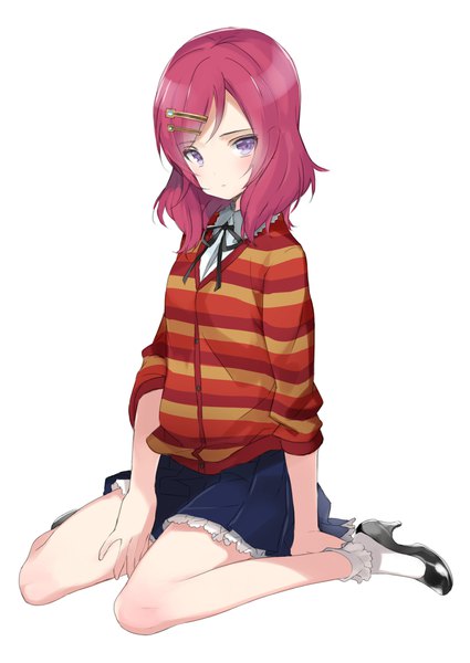 Anime picture 1500x2118 with love live! school idol project sunrise (studio) love live! nishikino maki hashimoto mari single tall image looking at viewer short hair simple background white background sitting purple eyes pink hair full body bent knee (knees) pleated skirt wariza striped girl