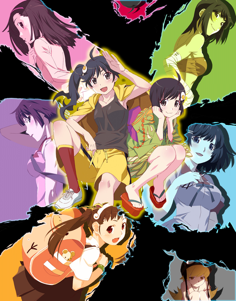 Anime picture 2200x2800 with bakemonogatari nisemonogatari shaft (studio) monogatari (series) oshino shinobu senjougahara hitagi hanekawa tsubasa sengoku nadeko araragi koyomi hachikuji mayoi kanbaru suruga araragi karen araragi tsukihi long hair tall image blush highres short hair black hair blonde hair