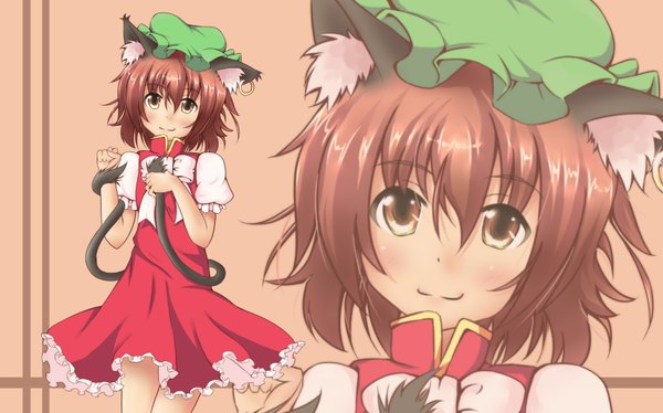 Anime picture 1768x1104 with touhou chen highres short hair brown hair wide image brown eyes animal ears tail cat girl girl dress hat