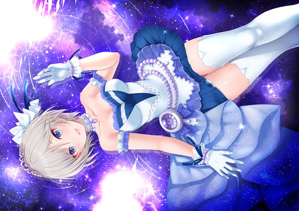 Anime picture 2560x1813 with idolmaster idolmaster cinderella girls idolmaster cinderella girls starlight stage anastasia (idolmaster) kazu single looking at viewer highres short hair open mouth blue eyes light erotic lying grey hair off shoulder sparkle purple background space ripples starry sky bright