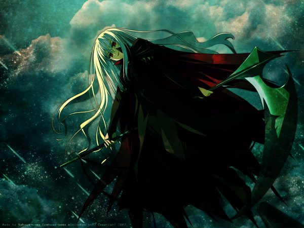 Anime picture 1600x1200 with wiz anniversary flolium blosselliand long hair red eyes sky cloud (clouds) white hair girl star (stars) scythe