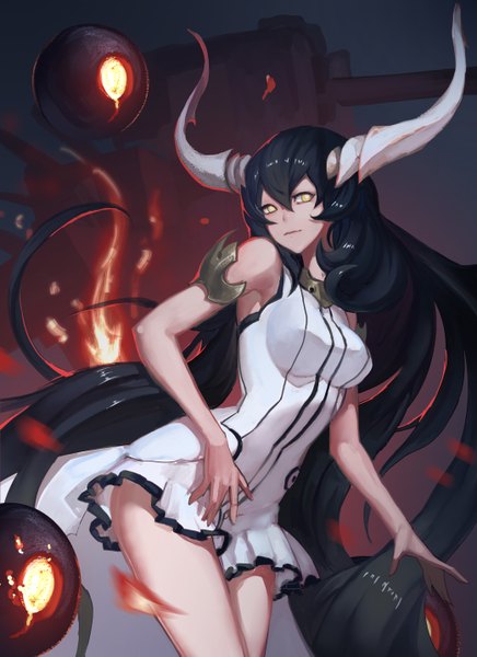Anime picture 2084x2863 with kantai collection enemy aircraft (kantai collection) anchorage water oni reisun001 single tall image looking at viewer fringe highres breasts light erotic black hair hair between eyes large breasts standing yellow eyes very long hair horn (horns) leaning sleeveless