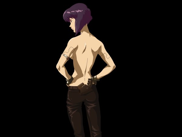 Anime picture 1024x768 with ghost in the shell production i.g kusanagi motoko single short hair light erotic simple background purple hair black background topless hands on hips girl