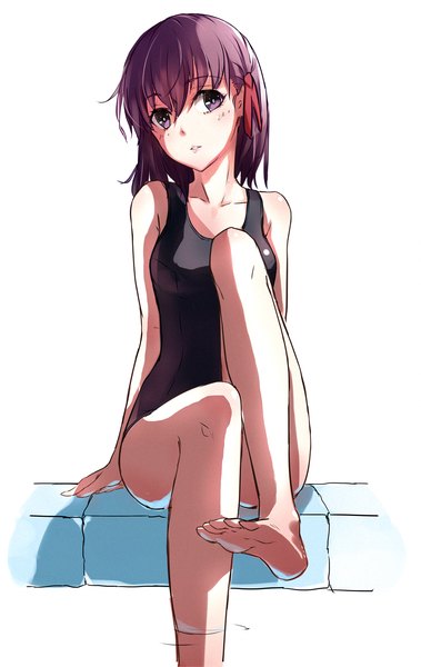 Anime picture 948x1500 with fate (series) fate/stay night type-moon matou sakura phantania single tall image blush short hair simple background white background sitting purple eyes looking away purple hair barefoot girl ribbon (ribbons) swimsuit hair ribbon