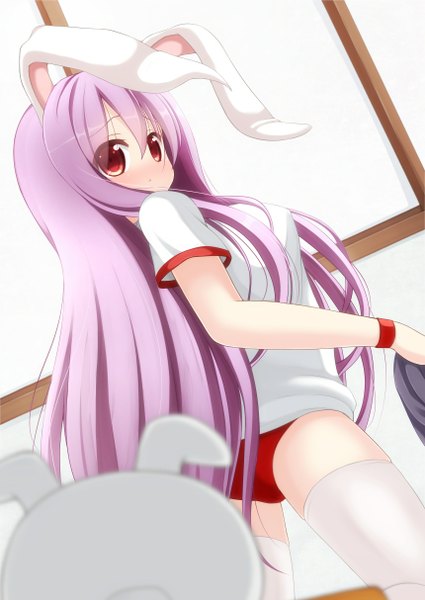 Anime picture 860x1214 with touhou reisen udongein inaba chimunge single long hair tall image blush light erotic red eyes animal ears purple hair bunny ears bunny girl girl thighhighs uniform white thighhighs gym uniform