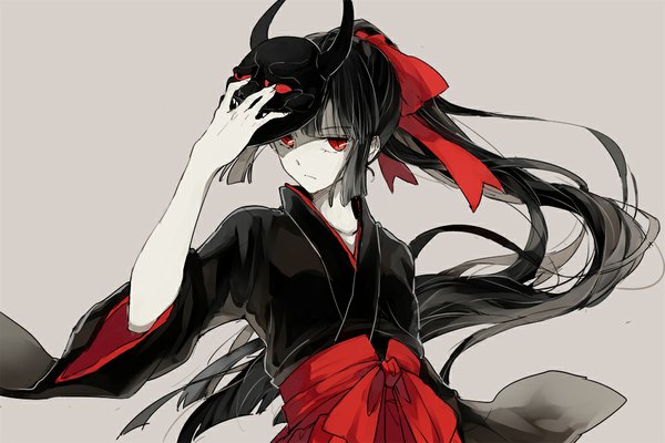 Anime picture 1000x667 with haiiro teien shioha single long hair looking at viewer fringe black hair simple background red eyes holding ponytail traditional clothes wide sleeves shadow mask on head girl ribbon (ribbons) hair ribbon mask demon mask