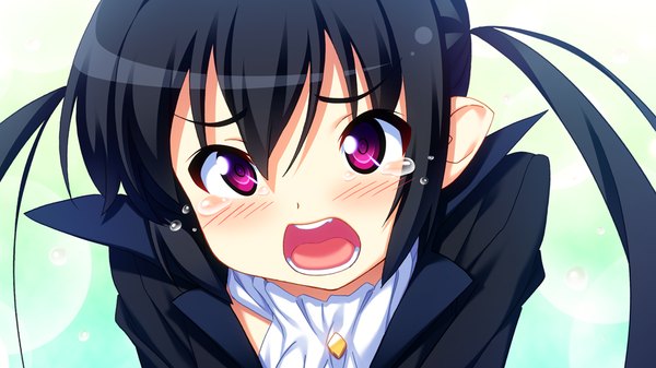 Anime picture 1024x576 with makai tenshi djibril maimai long hair blush open mouth black hair wide image twintails game cg pink eyes loli tears girl