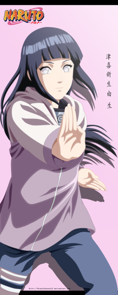 Anime picture 817x2035 with naruto studio pierrot naruto (series) hyuuga hinata akira-12 single long hair tall image black hair simple background light smile inscription shadow coloring hieroglyph pink background white eyes no pupils girl bandana