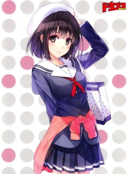 Anime picture 2190x3000 with saenai heroine no sodatekata a-1 pictures katou megumi misaki kurehito single tall image looking at viewer blush fringe highres short hair black hair smile pleated skirt black eyes polka dot adjusting hat sailor collar polka dot background adjusting clothes