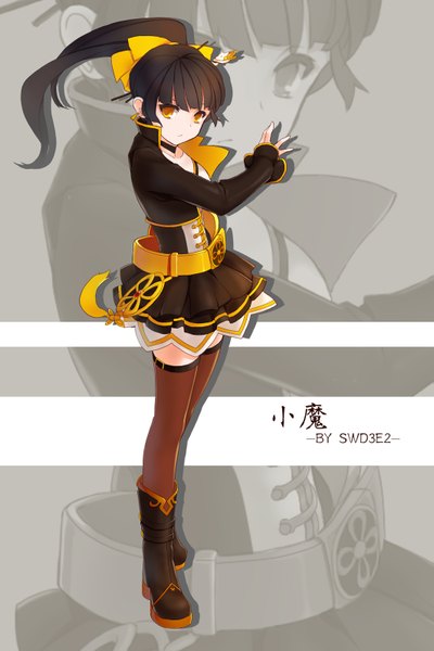 Anime picture 1063x1594 with elsword swd3e2 single long hair tall image looking at viewer black hair yellow eyes ponytail zoom layer girl thighhighs dress bow hair bow boots belt